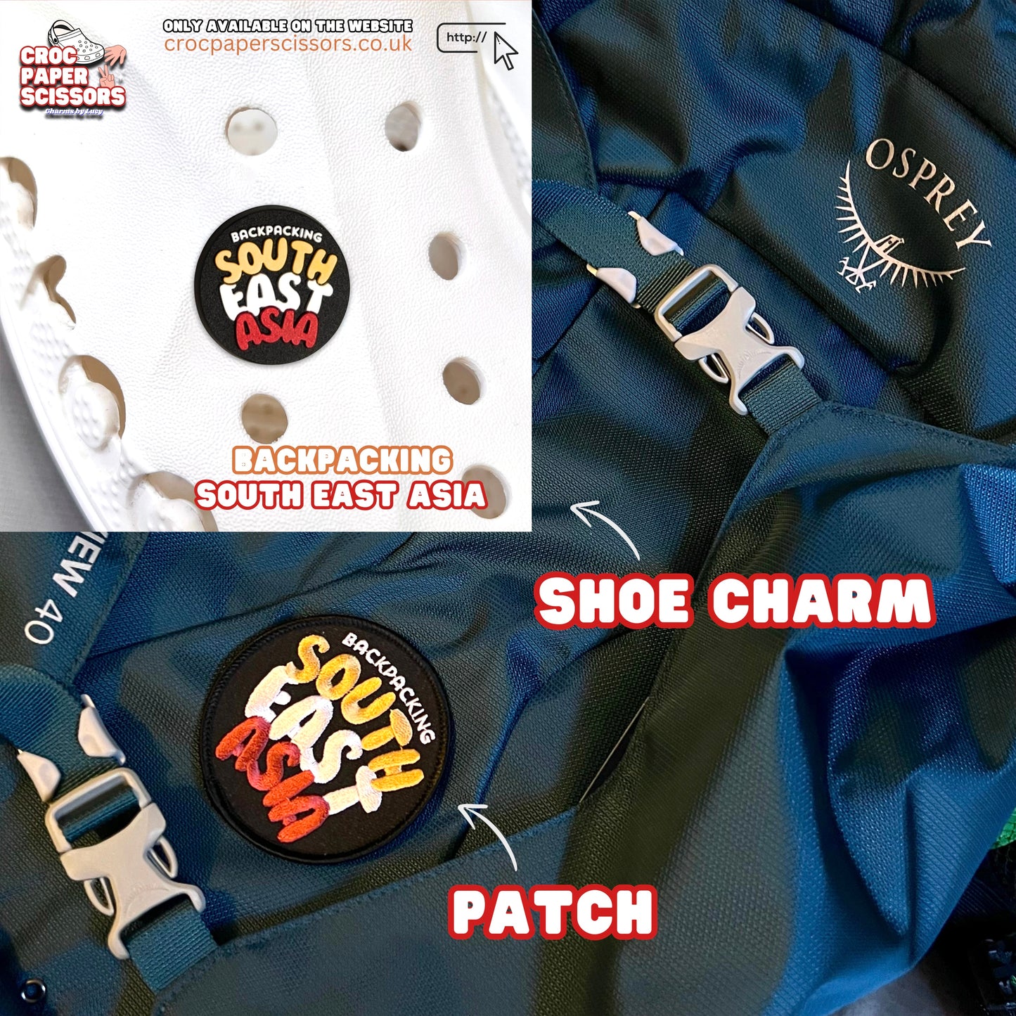 “Backpacking South East Asia” Croc Charm and Iron-on Patch