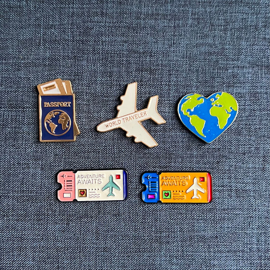 Travel themed pin badges